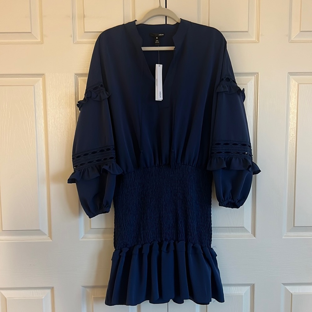 Bloomingdale’s AQUA Navy Blue Smocked Mini Dress | Size L | NWT